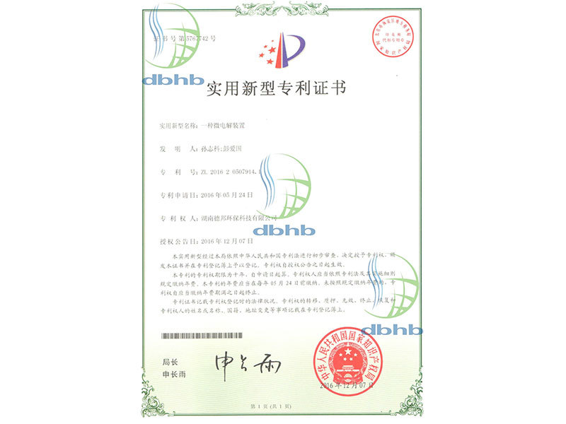 公司榮獲“一種微電(diàn)解裝置”實用新型專利